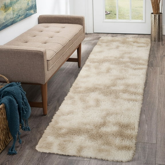 CAROMIO Plush Polyester Shag Area Rug 2'x 6' Fluffy Runner Rug Plush Decorative Runner Rug for Indoor Home Floor Carpet, Tie-dye Light Khaki