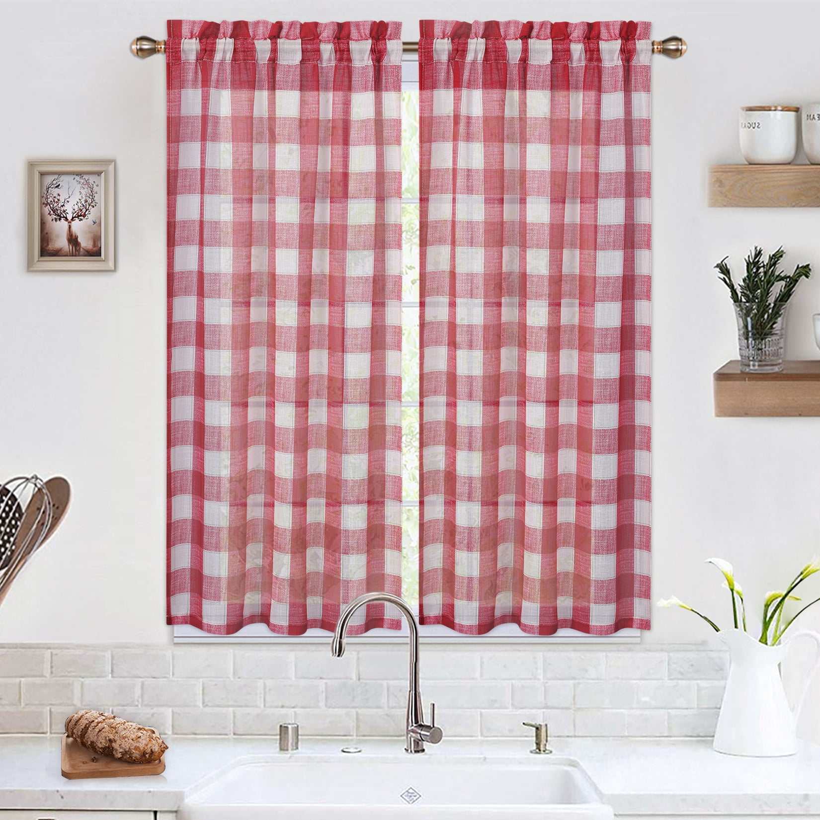 CAROMIO Red Plaid Country Kitchen Curtains 45 inch Linen Look Light ...