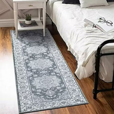CAROMIO Runner Rug 2 x 8 Ft Boho Rug Stain Resistant Vintage Area Non-Slip Non-Shedding Rug for Entrway Low Pile Foldable Machine Washable Area Rug, Gray