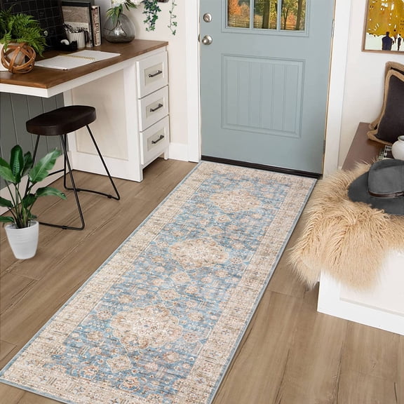 CAROMIO Runner Rugs for Kitchen Washable Rug Vintage Floral Area Rug Soft Indoor Floor Mat Medallion Distressed Print Rug, 2' x 6' Blue