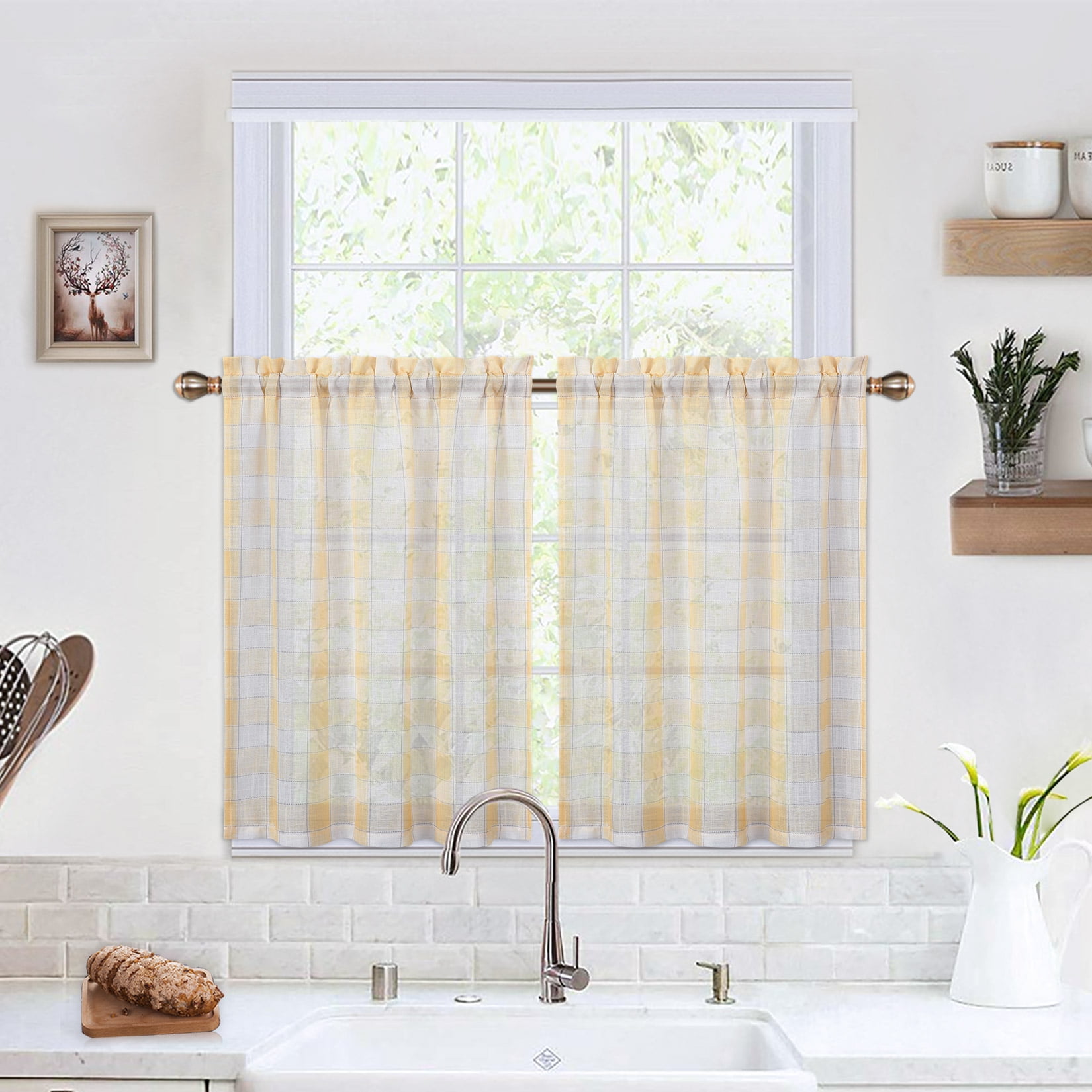 CAROMIO SemiSheer Plaid Check Short Curtain Rod Pocket Farmhouse Tiers