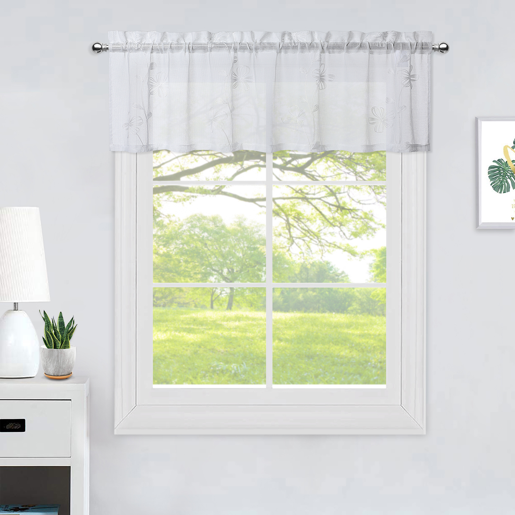 CAROMIO Sheer Valance Curtain Floral Embroidered Kitchen Window Treatment Voile Window Valances