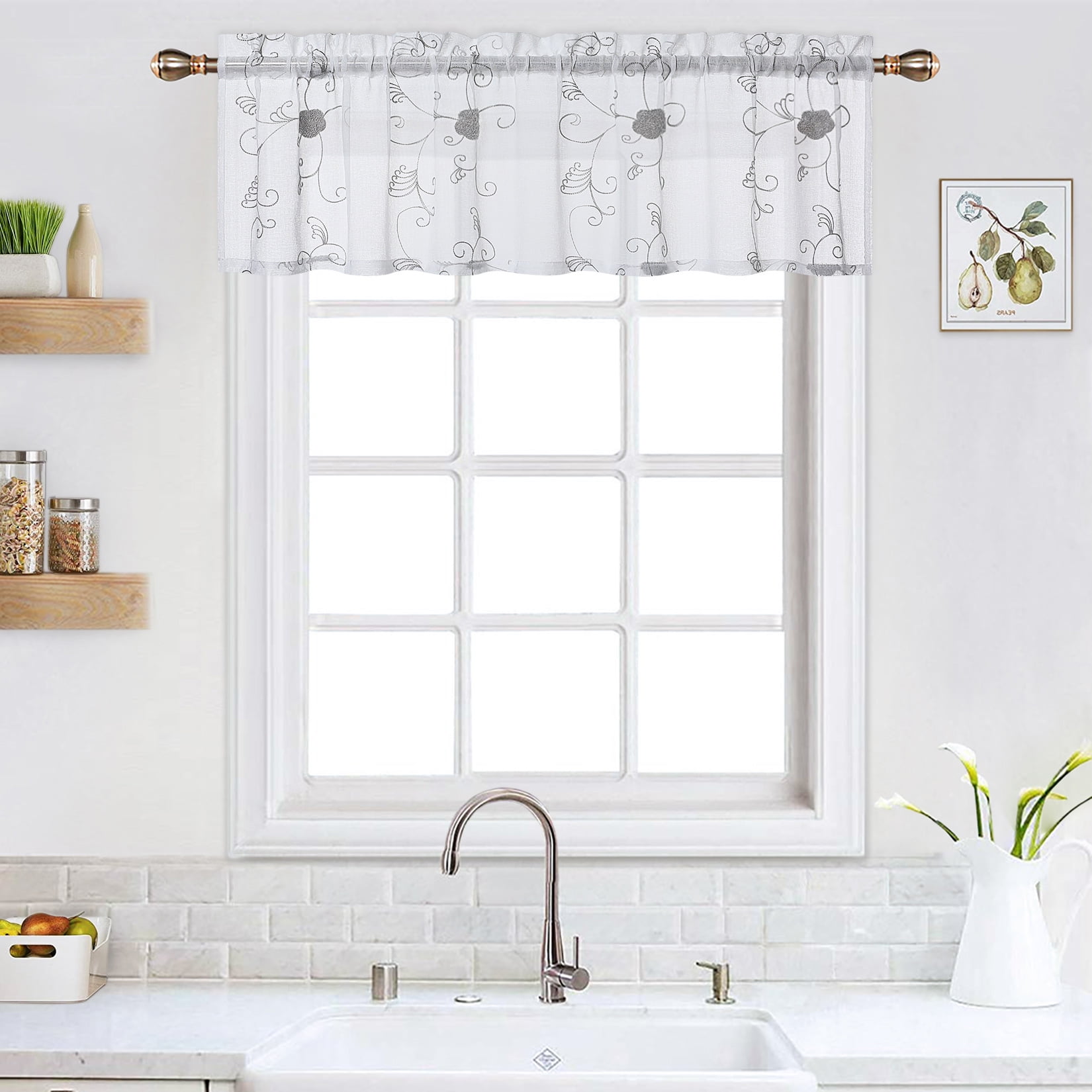 CAROMIO Sheer Valance Curtain Floral Embroidered Pom Design Kitchen Window Treatment Voile