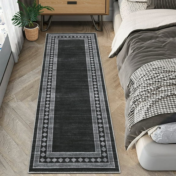 CAROMIO Solid Area Rug Washable Border Rug Modern Geometric Floor Decor Perfect for Living Dining Room, 2' x 6' Black