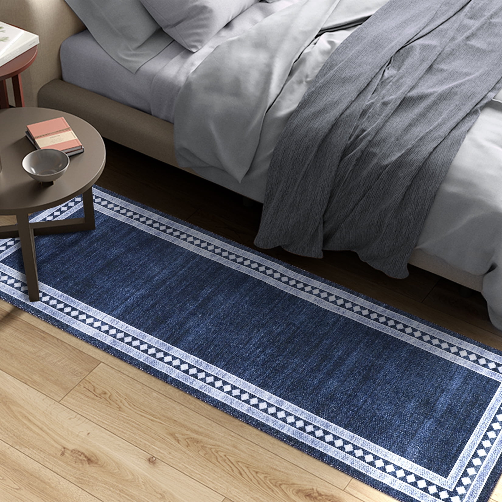 CAROMIO Solid Area Rug Washable Border Rug Modern Geometric Floor Decor Perfect for Living Dining Room, 2' x 6' Blue