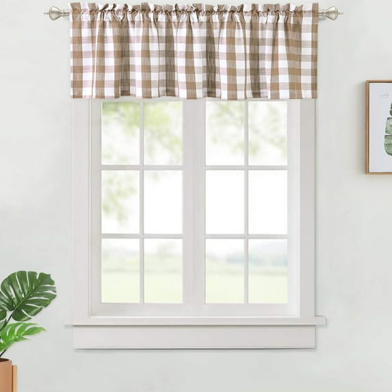 CAROMIO Thick Yarn Dyed Gingham Rod Pocket Valance for Bathroom Kitchen Light Filtering Cafe Curtains, 56" x 15", Tan/White