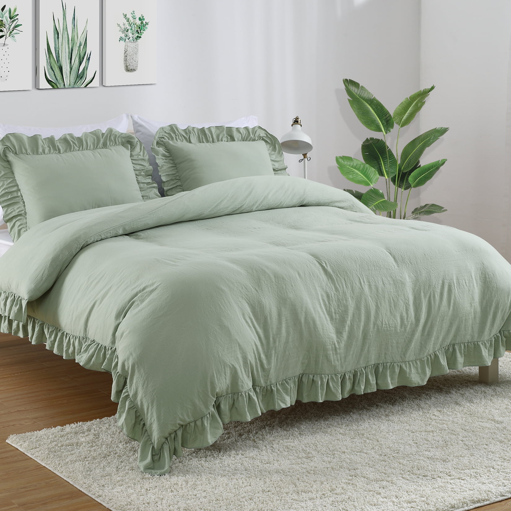 CAROMIO Twin 2 Pcs Sage Green Ruffled Duvet Cover Set Soft Washed Microfiber Vintage French Country Duvet Cover Set for Kids Girls