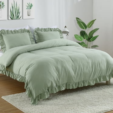 CAROMIO Twin 2 Pcs Sage Green Ruffled Duvet Cover Set Soft Washed Microfiber Vintage French Country Duvet Cover Set for Kids Girls