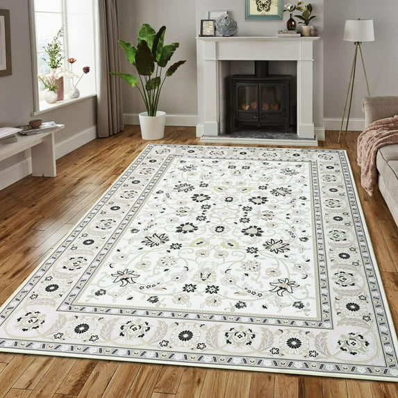 CAROMIO Vintage Area Rugs Oriental Floral Distressed Accent Rug Machine Washable Rug Boho Living Room Rug, 8' x 10' Beige Black