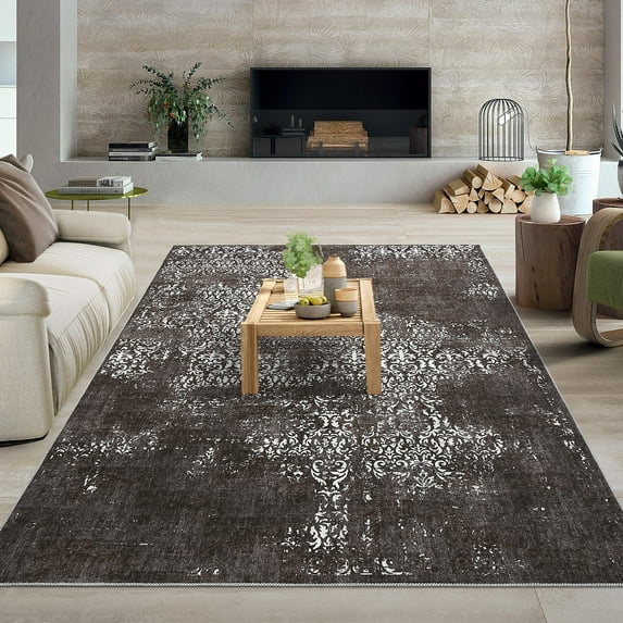 CAROMIO Vintage Distressed Area Rug Boho Accent Rug with Non Slip Backing Indoor Floor Cover Paisley Rug Carpet Modern Rug for Living Room Bedroom, 9' x 12' Dark Brown