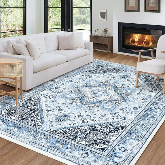 CAROMIO Vintage Medallion Area Rug 9 x 12 Large Floral Rug Ultra Soft Non-Slip Boho Low Pile Washable Thin Rug for Bedroom Living Room, Blue