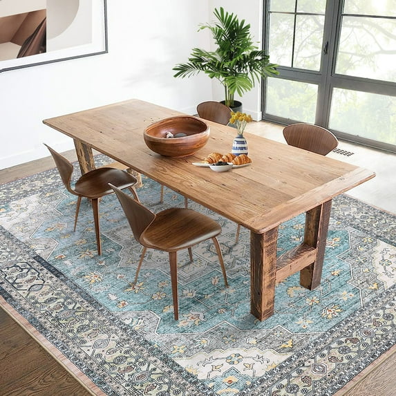 CAROMIO Washable Floral Rug Traditional Tribal Rug Non-Slip Low Pile Rug for Living Room Bedroom, 5' x 7' Blue