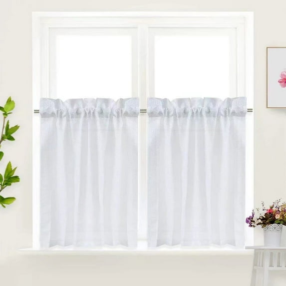 CAROMIO Waffle Woven Textured Short Cafe Curtains Light Filtering for Kitchen, White, Two Panels,30"W x 36"L