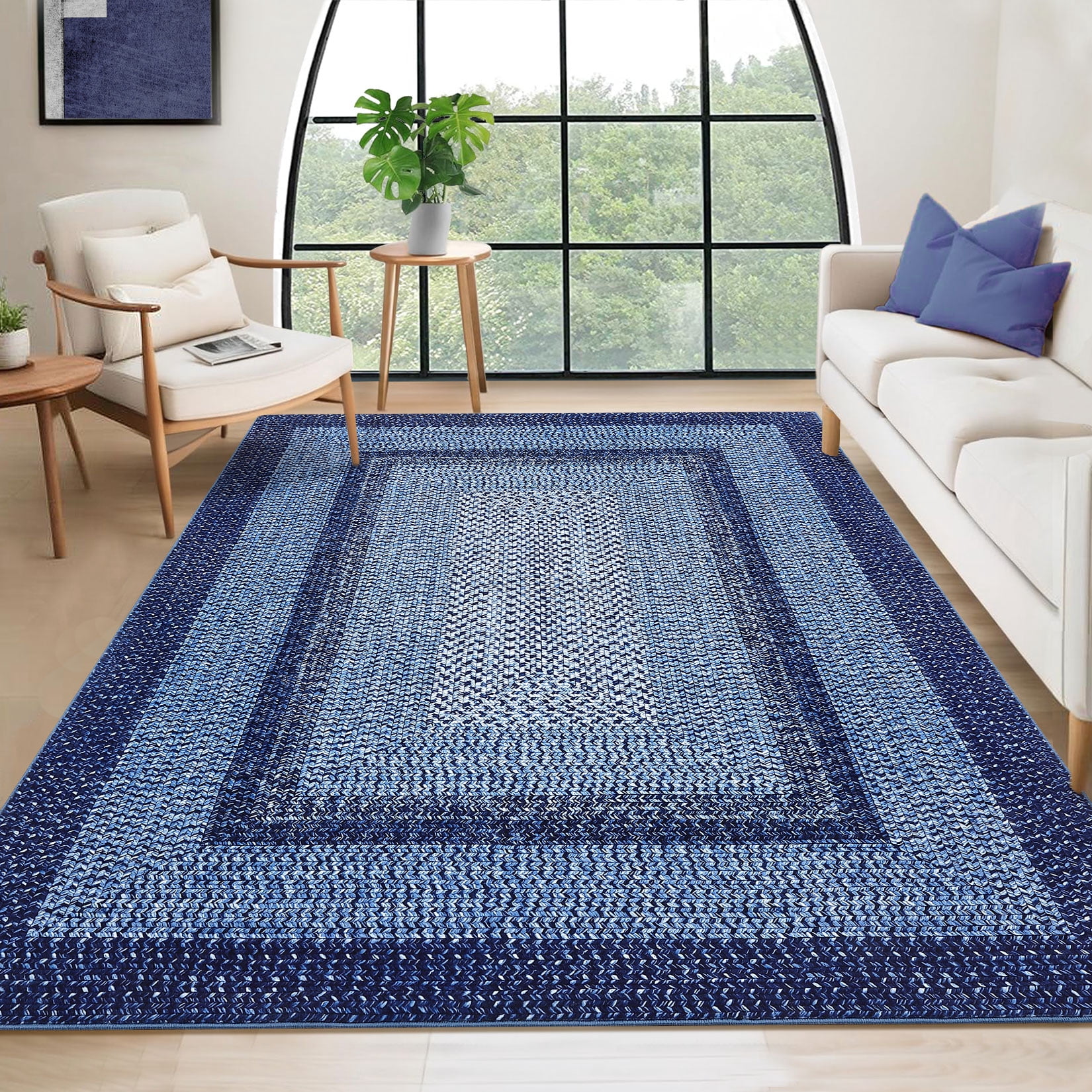 CAROMIO Washable 4' x 6' Area Rug for Living Room Modern Imitation Braided Pattern Geometric Indoor Carpet Non Slip, Navy