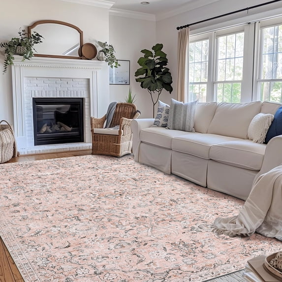 CAROMIO Washable 5' x 7' Area Rug for Living Room Boho Vintage Floral Indoor Carpet Non Slip, Pink