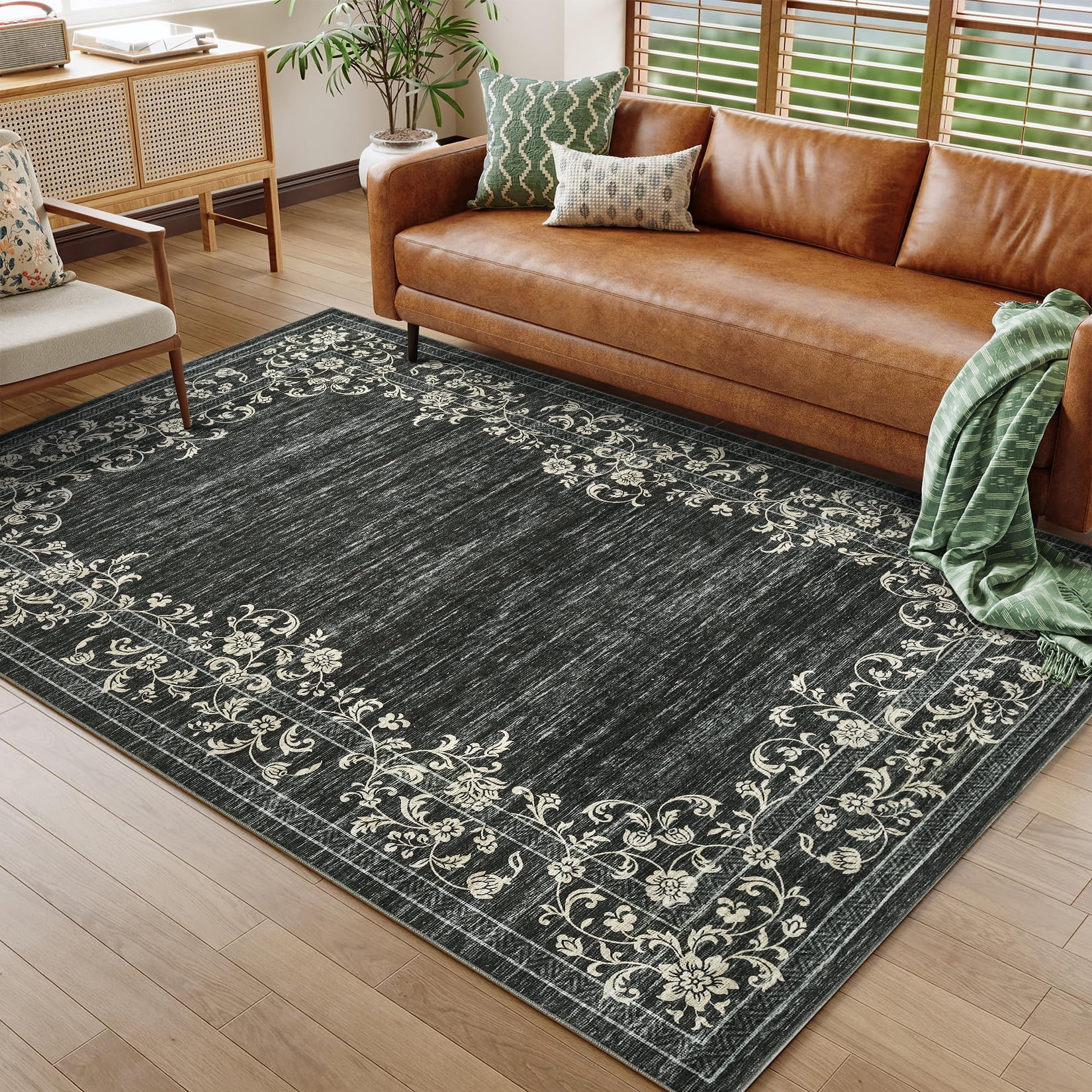 CAROMIO Washable 5' x 7' Area Rug for Living Room Border Vintage Floral Indoor Carpet Non Slip, Black
