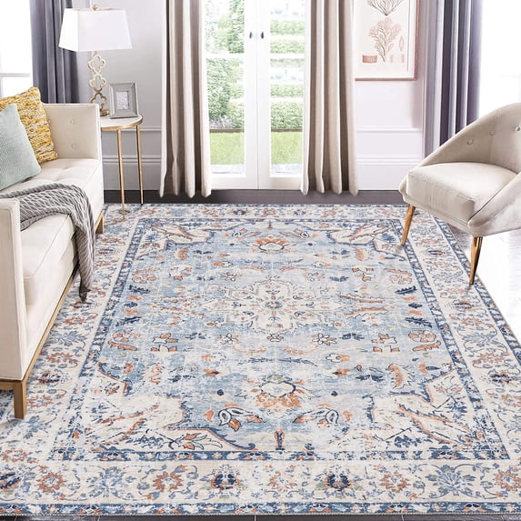 CAROMIO Washable Area Rug Oriental Rug Boho Vintage Floral Area Rug Non Shedding Rugs for Bed Room Living Room, 8' x 10' Blue/Beige