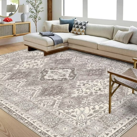 CAROMIO Washable Area Rugs for Bedroom Non Slip Large Area Rugs for Living Room Oriental Boho Rug Distressed Chenille Carpet Stain Resistant Throw Rugs, 9' x 12' Pale Brown