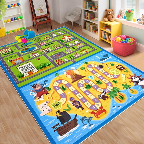 CAROMIO Washable Educational Game 8' x 10' Area Rug for Living Room Playroom Indoor Blue Carpet