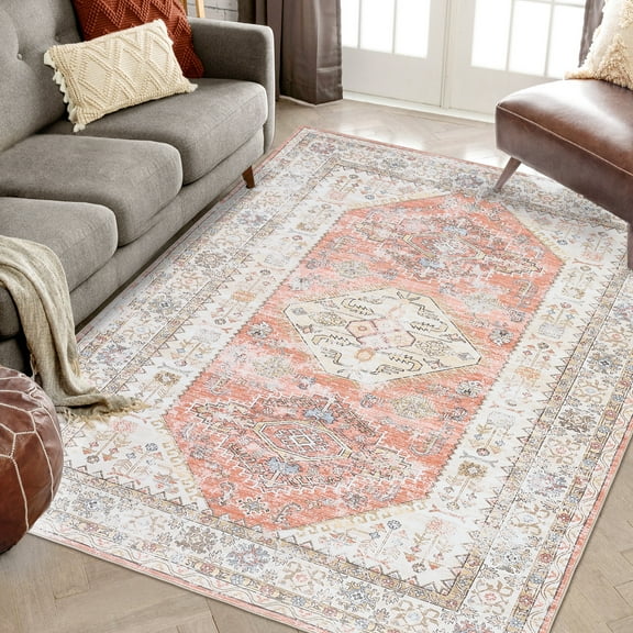 CAROMIO Washable Living Room Rug Ultra Soft Rug Machine Washable Accent Rug Stain Resistant Ultra Thin Distressed Mats for Bedroom Living Room, 5' x 7' Orange