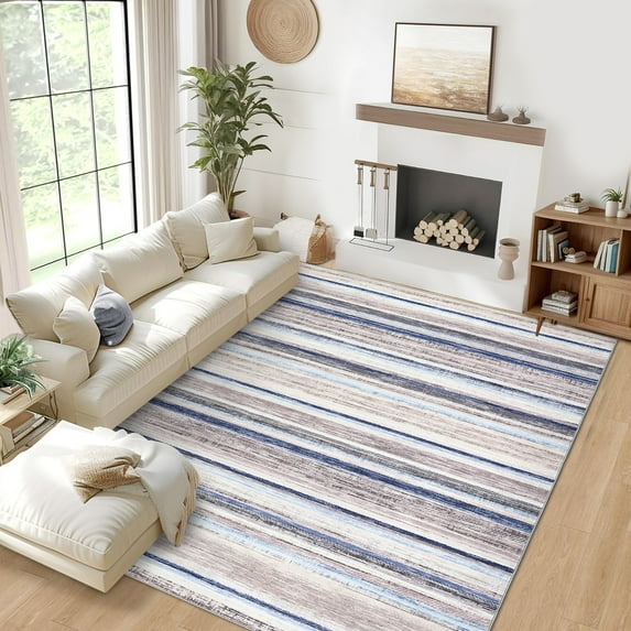 CAROMIO Washable Rug Soild Modern Stripeded Area Rugs Non Slip Carpet Rug Contemporary Geometric Striped Accent Rug, 5' x 7' Camel Blue