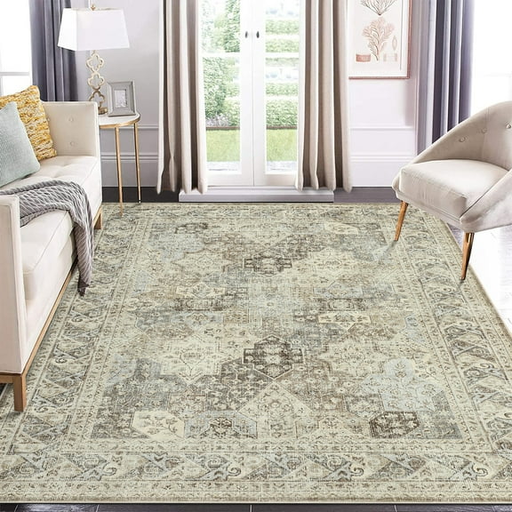 CAROMIO Washable Rugs Boho Rug Vintage Rug Soft Rug Non Slip Carpet Tribal Distressed Throw Rugs, 9' x 12' Brown