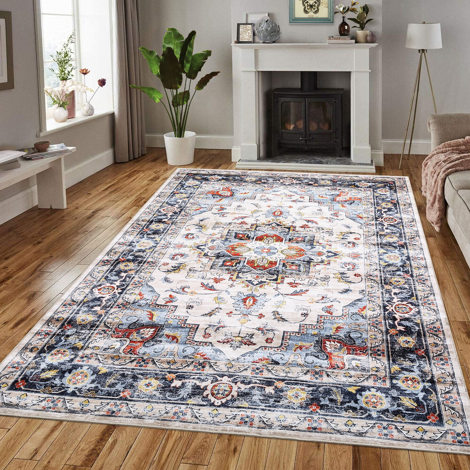 Blue Floral Synthetic 8' x 10' Washable Non-slip Area Rug