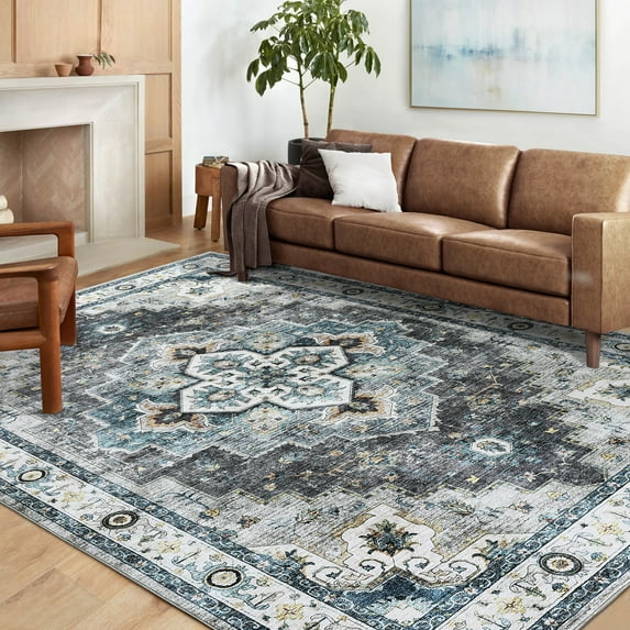 CAROMIO Washable Rugs for Living Room Boho Tribal Bedroom Rug Vintage Oriental Non Slip Throw Rugs Soft Rugs Low Pile Stain Resistant Carpet, 8' x 10' Gray