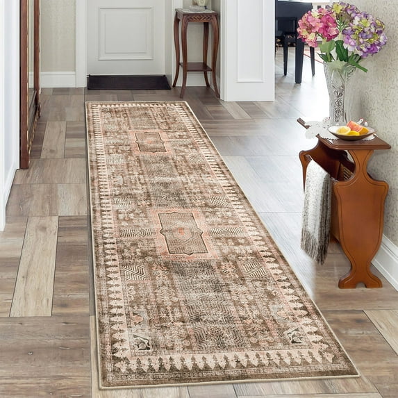 CAROMIO Washable Runner Rug 2' x 8' Floral Geometric Area Rug for Living Room, Khaki