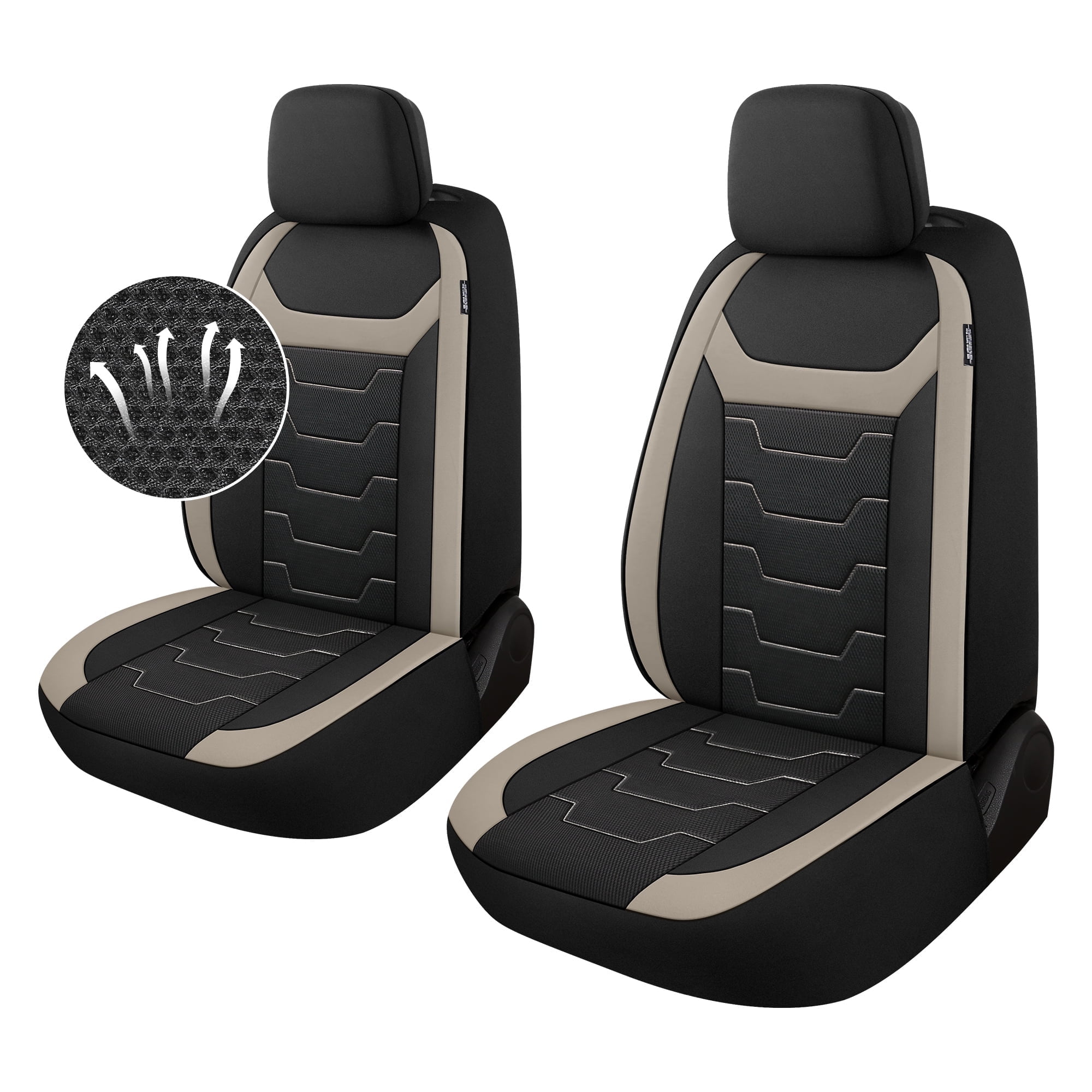 Caromop Universal Fit Car Seat Covers,3D Air Mesh Breathable Front Seat Protectors for Most Cars,SUVs,Trucks with Split Bench,Machine Washable,Airbag Safe(Black/Beige)