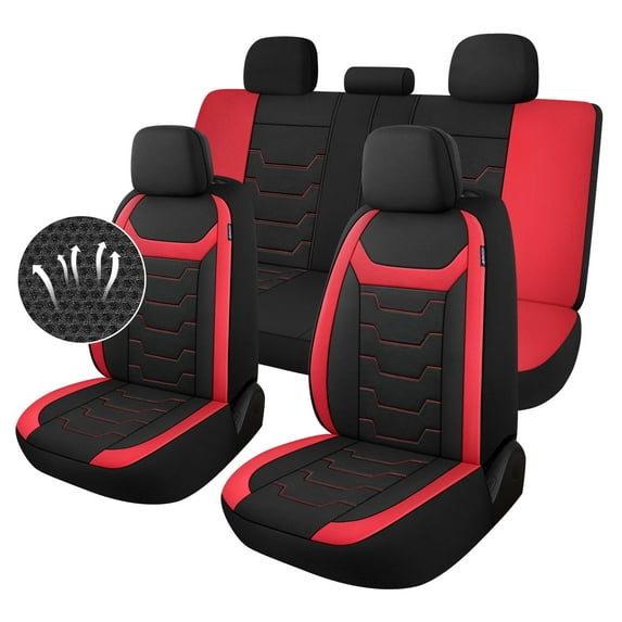 Caromop Universal Fit Car Seat Covers,3D Air Mesh Breathable Full Seat Protectors for Most Cars,SUVs,Trucks with Split Bench,Machine Washable,Airbag Safe.(Black/Red)