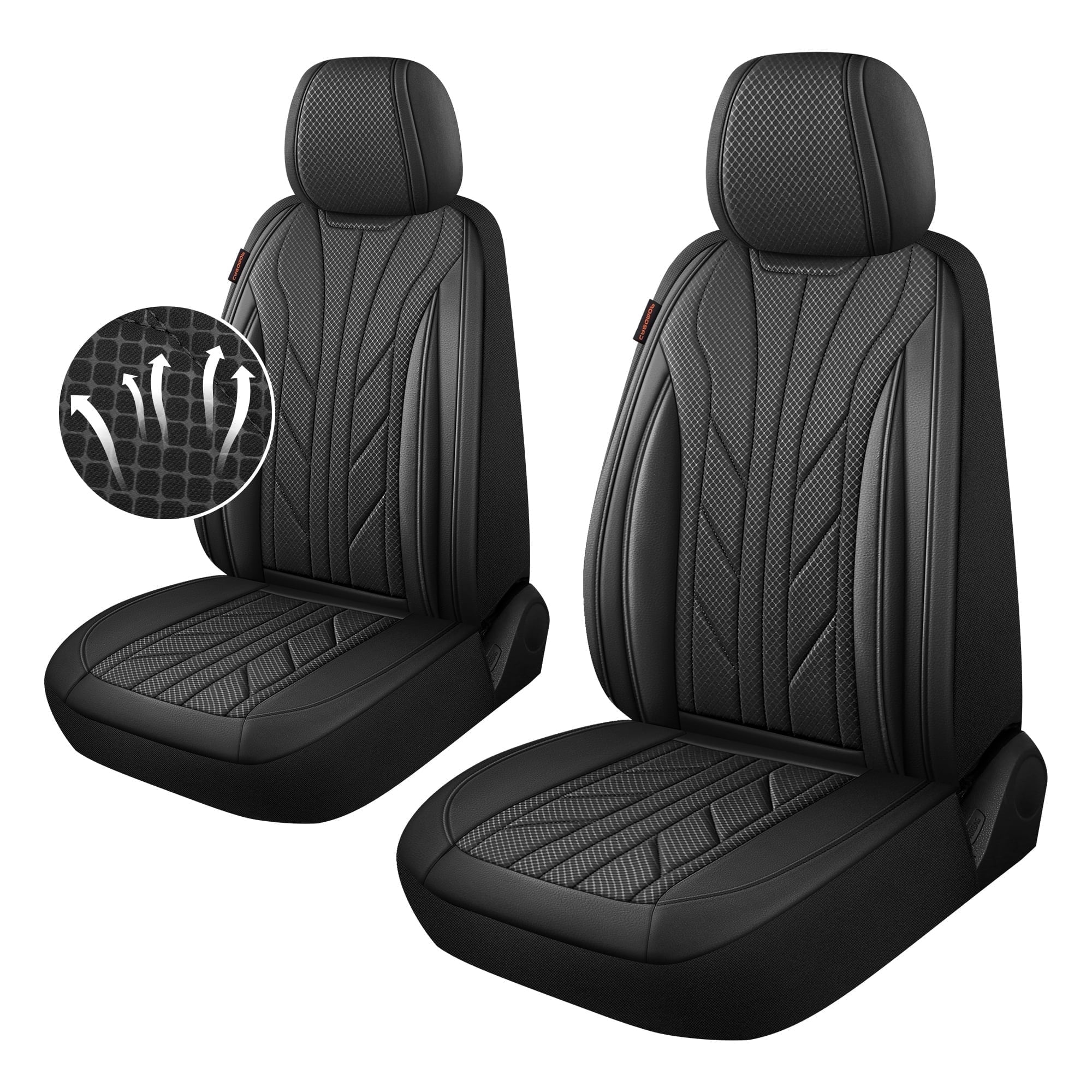 Caromop Black, Luxury Faux Leather & Fabric, Breathable 3D Foam, Armrest Covers,Airbag compatible,Front Seat Covers