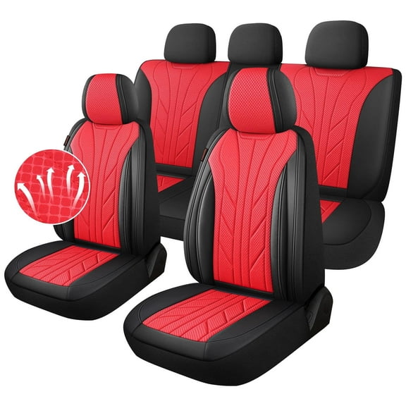 Caromop Red, Luxury Faux Leather & Fabric, Breathable 3D Foam, Armrest Covers,Airbag compatible,Full Seat Covers