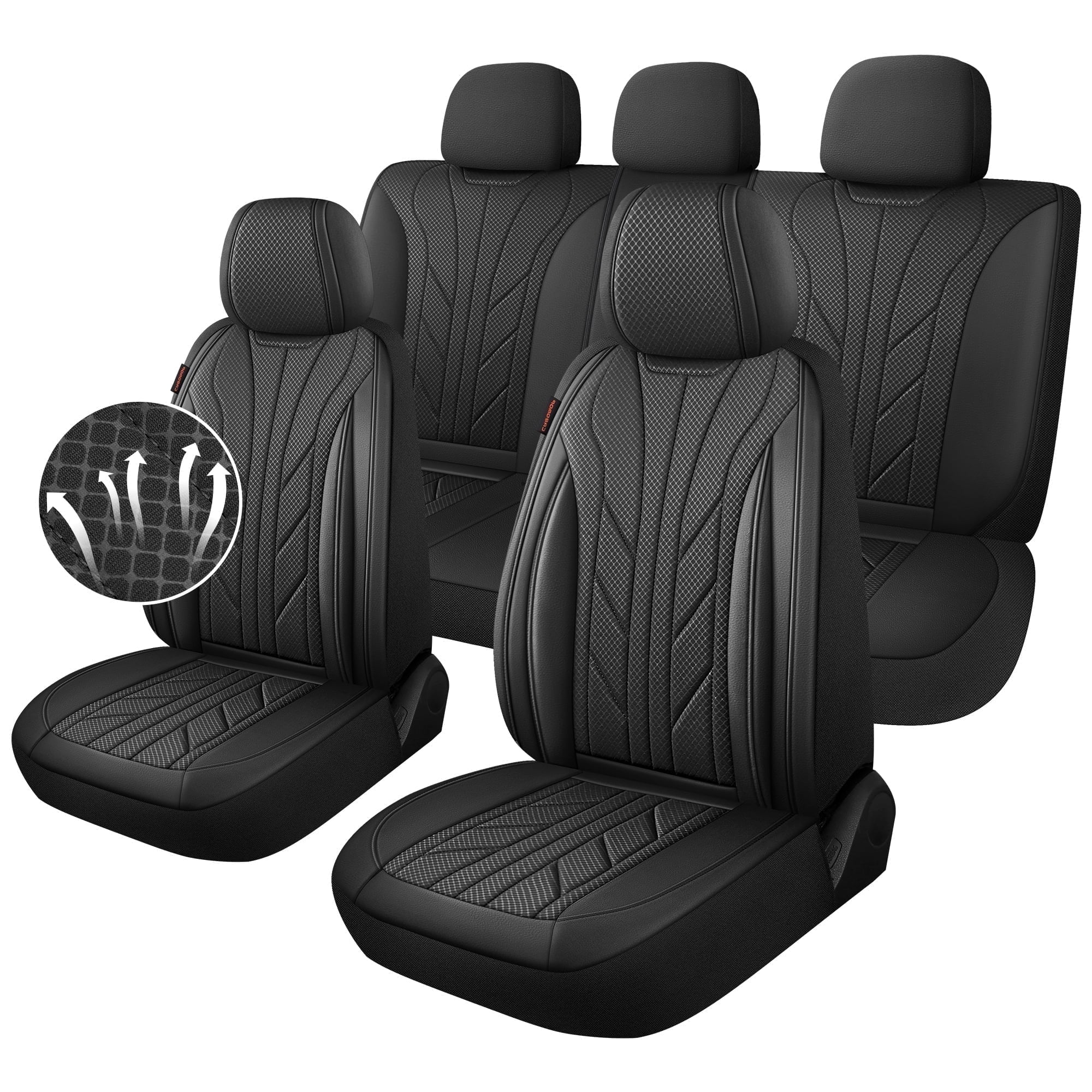 Caromop Black, Luxury Faux Leather & Fabric, Breathable 3D Foam, Armrest Covers,Airbag compatible,Full Seat Covers