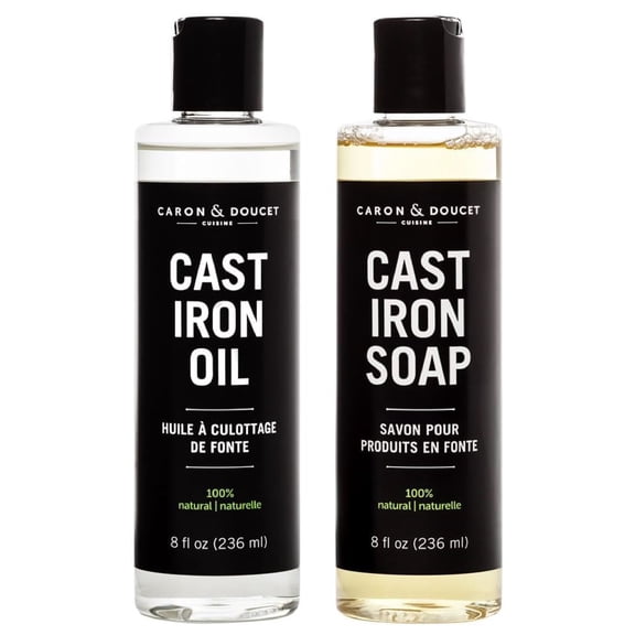 CARON & DOUCET - 100% Plant-Based Cast Iron Cleaning Set: Seasoning Oil & Soap for Washing, Restoring & Seasoning Skillets, Pans & Grills! 8 Fl Oz (Pack of 2)