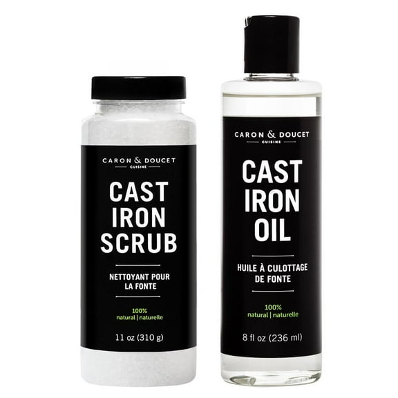 CARON & DOUCET - Cast Iron Care Seasoning Bundle - Cast Iron Oil & Cast Iron Scrub - 100% Plant Based Formulation - Helps Maintain Seasoning on All Cast Iron Cookware