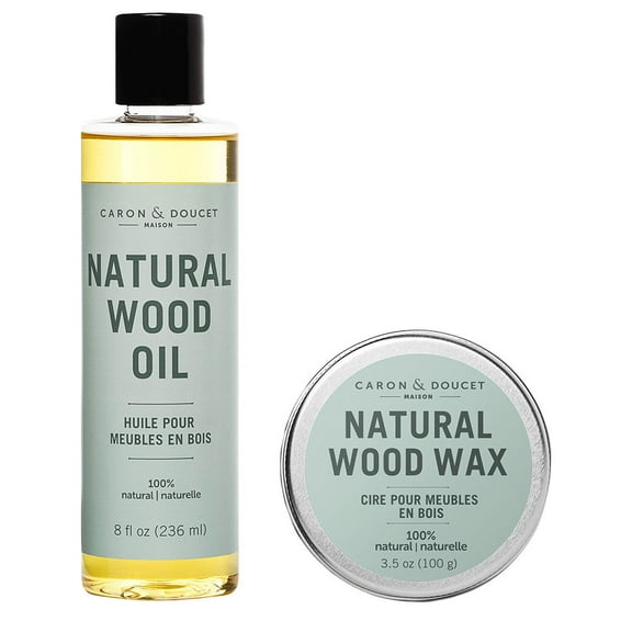 CARON & DOUCET - Natural Wood Conditioning Oil and Wax Bundle - 100% Plant Based Wood Conditioning and Polishing Oil - Orange Scented - Suitable for Natural Wood Furniture (8oz)