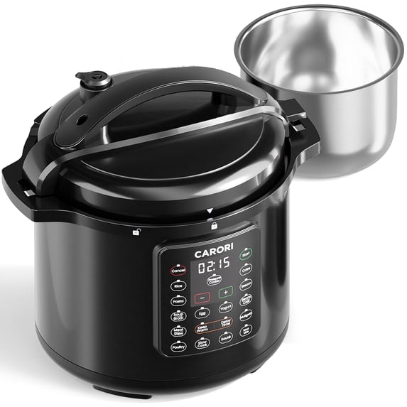 CARORI 1200W 12-in-1 Electric Pressure Cooker 8Qt Stainless Steel Pressure Cooker, Slow Cook Rice Cooker Steamer Sauté, Yogurt Maker, Warmer & Sterilizer with Recipe, Safer Venting Design, Black