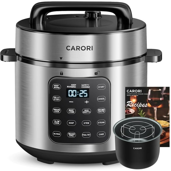 CARORI 9-in-1 Electric Pressure Cooker 6 Qt, Programmable Multi-Function with Safer Vent, Olla de Presion, Rice Cooker, Slow Cooker, Steamer, Sauté, Warmer & Sterilizer, 1000W, Stainless Steel