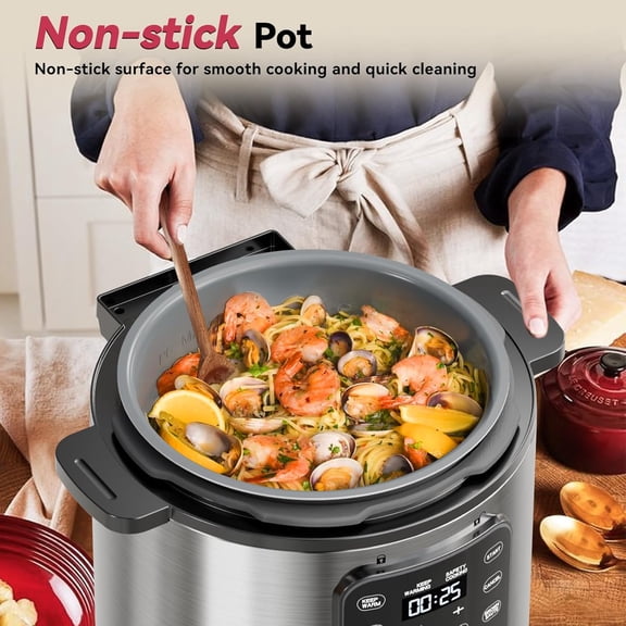 CARORI Electric Pressure Cooker 6 Quart Silver, Non-stick Pot, 9-in-1 , 12 Preset Functions with Touchscreen