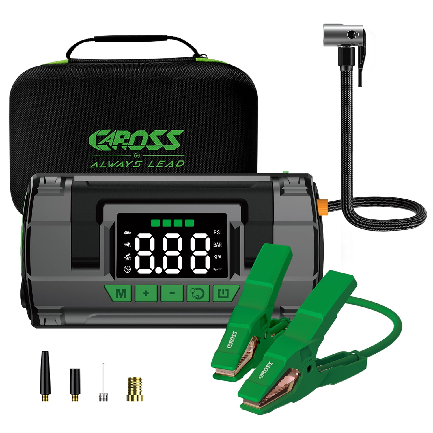CAROSS Portable Car Jump Starter with 150-PSI Air Compressor and USB Power Bank with 2,000-Amp Peak, Smart Jumper Cables, and QC Fast Charger