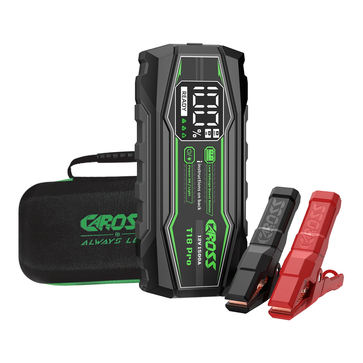 CAROSS T18 Pro Portable Car Jump Starter and USB Power Bank with 1,500-Amp Peak, Advanced Protection Jumper Clamps, LED Light and QC Fast Charger