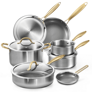 CAROTE 10 Pcs Ceramic Cookware Set, Tri-Ply Stainless Steel Pots and Pans Set, Cooking Pots