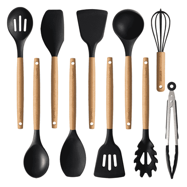 Carote 10 Pcs Silicone Cooking Utensils Set for Kitchen with Wooden Handle, Black