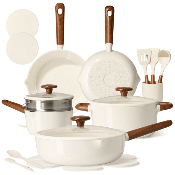 CAROTE 21-Piece Ceramic Cookware Set, Nonstick Pots and Pans with Steamer, Induction Compatible, White