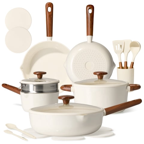 CAROTE 21-Piece Ceramic Cookware Set, Nonstick Pots and Pans with Steamer, Induction Compatible, White