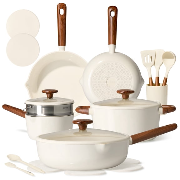 Carote 21-Piece Nonstick Pots and Pans Set, Ceramic Cookware Set with Steamer, Induction Compatible, White