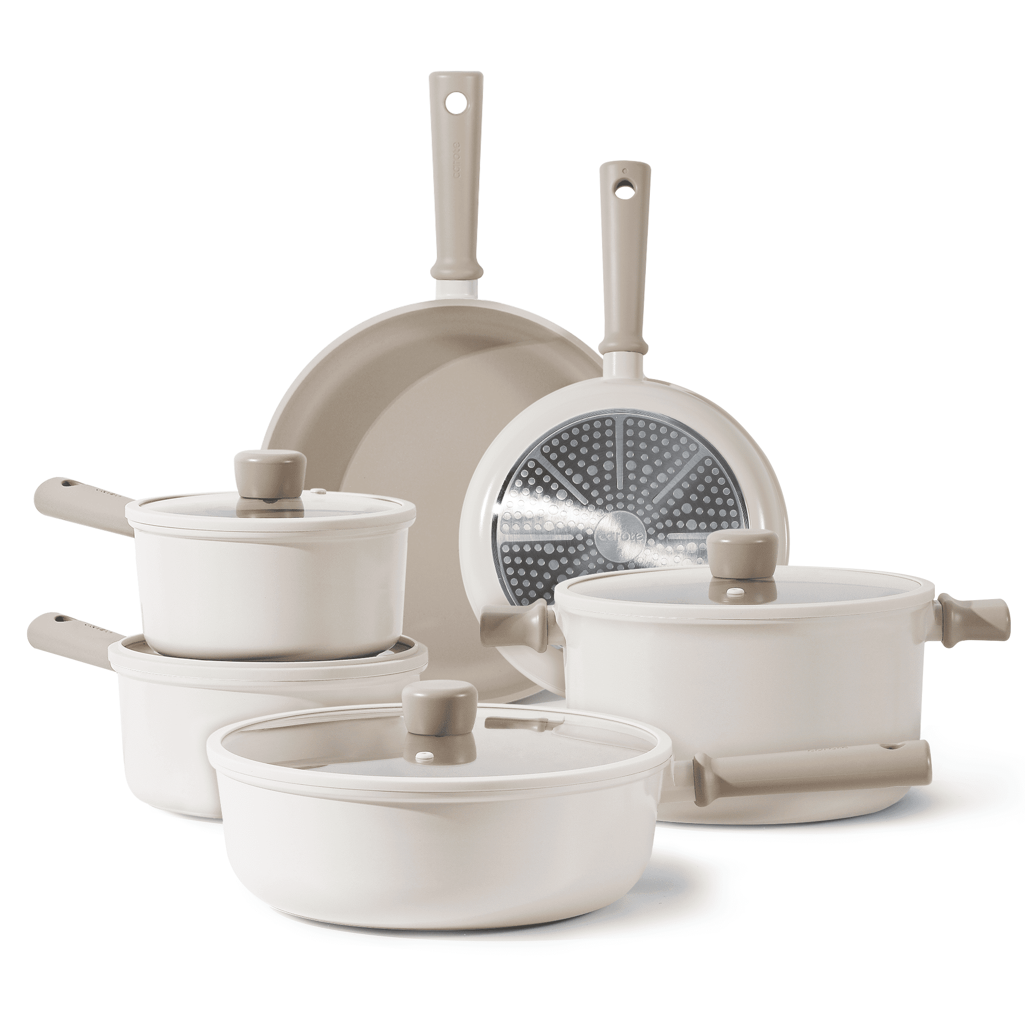 CAROTE 10pc NonStick Cookware Set, Cream & Brown, Induction Ready, Removable Handle