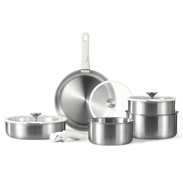 CAROTE 10pcs Stainless Steel Pots and Pans Set, Cookware Set with Detachable Handle, Induction Kitchen Cookware Sets with Removable Handle, RV Cookware Set, Oven Safe, Stainless Steel