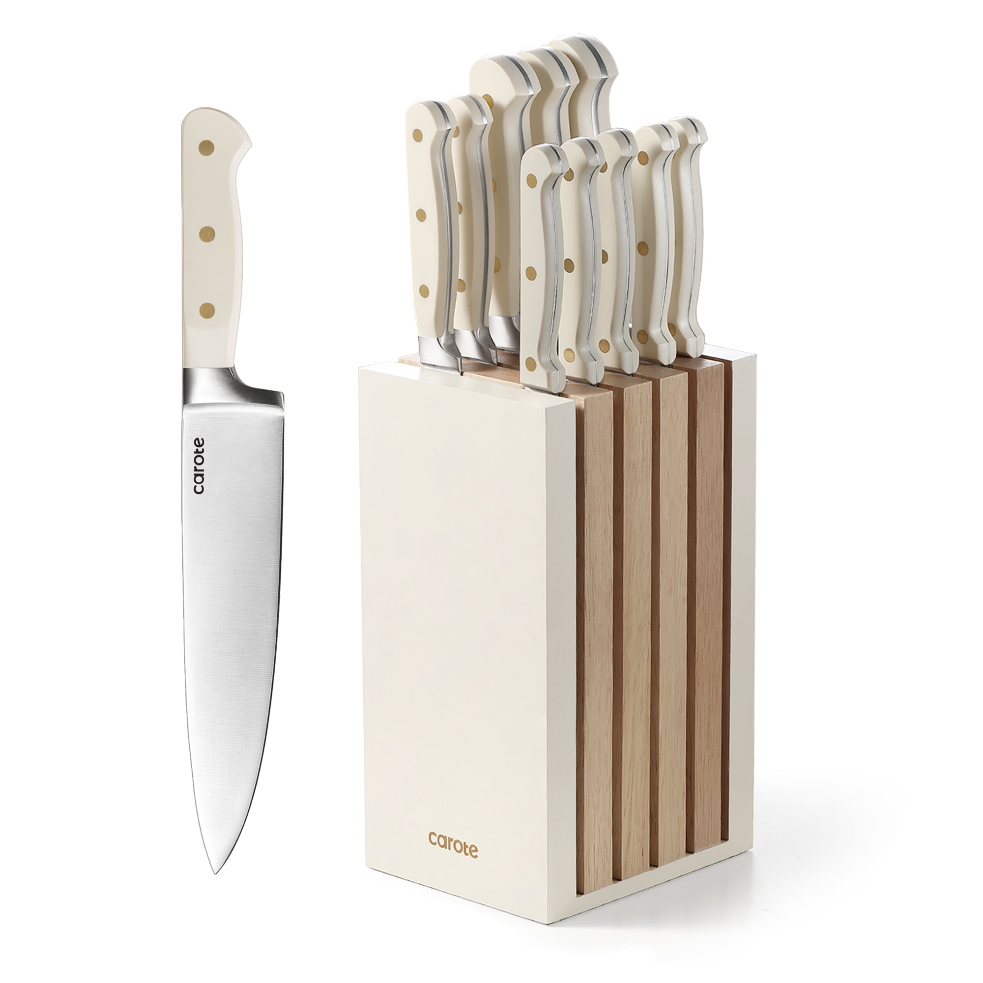 CAROTE 11PCS Knife Set with Block for kitchen, Stainless Steel Razor-Sharp Blade, Triple Riveted Ergonomic Handle,Essential Knife Set, Beige - Walmart.com